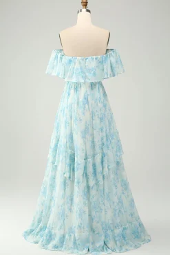 Branco azul floral fora do ombro tiered longo vestido de dama de honra