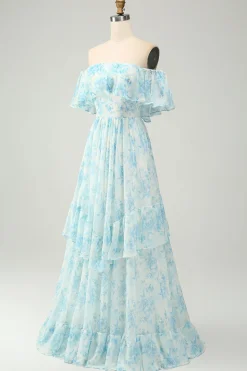 Branco azul floral fora do ombro tiered longo vestido de dama de honra