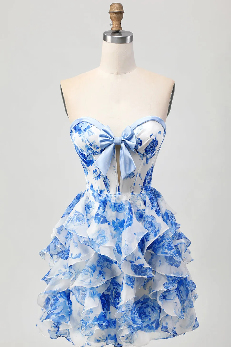 Branco Azul Floral Strapless Uma Linha Corset Cut out Homecoming Dress com Arco