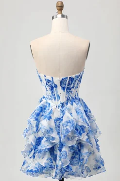 Branco Azul Floral Strapless Uma Linha Corset Cut out Homecoming Dress com Arco