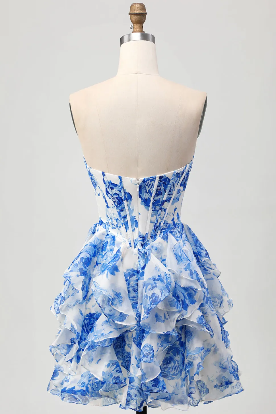 Branco Azul Floral Strapless Uma Linha Corset Cut out Homecoming Dress com Arco
