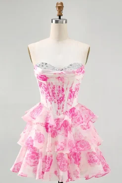 Branco Azul Floral Uma Linha Strapless Corset Tiered Vestido Curto Homecoming