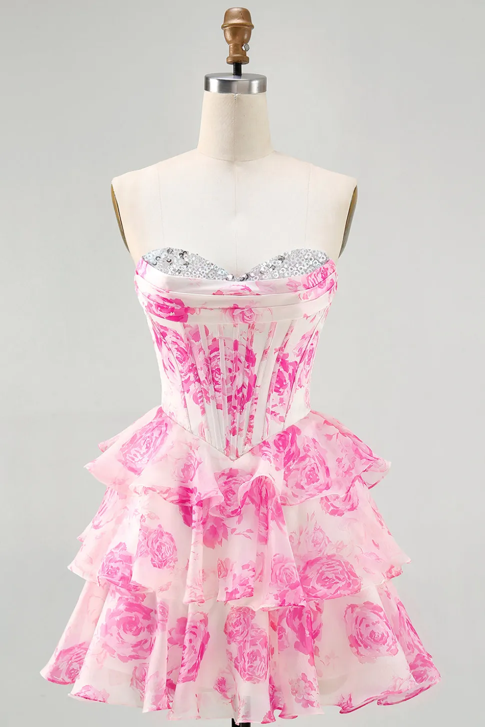 Branco Azul Floral Uma Linha Strapless Corset Tiered Vestido Curto Homecoming