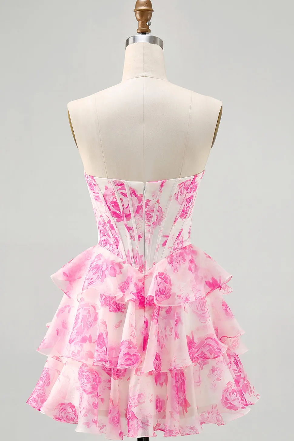 Branco Azul Floral Uma Linha Strapless Corset Tiered Vestido Curto Homecoming