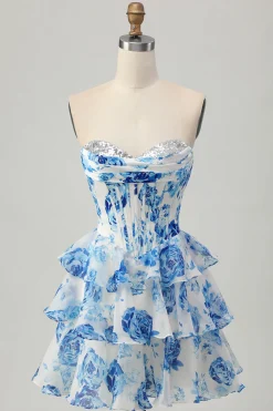 Branco Azul Floral Uma Linha Strapless Corset Tiered Vestido Curto Homecoming