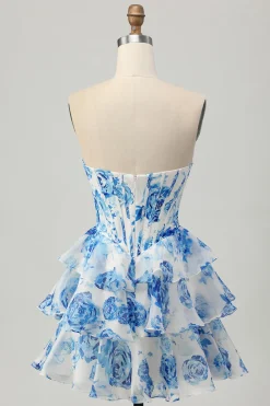 Branco Azul Floral Uma Linha Strapless Corset Tiered Vestido Curto Homecoming