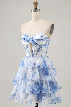 Branco Azul Flores Direto Linha-A Plissado Mini Vestido Cocktail