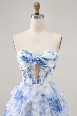 Branco Azul Flores Direto Linha-A Plissado Mini Vestido Cocktail