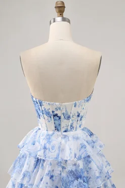 Branco Azul Flores Direto Linha-A Plissado Mini Vestido Cocktail