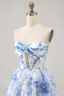 Branco Azul Flores Direto Linha-A Plissado Mini Vestido Cocktail