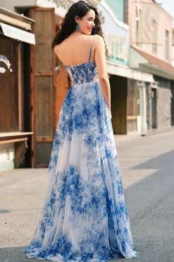 Branco Azul Flores Espartilho De Baile/Princesa Longo Vestido de Baile com Fenda