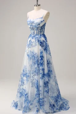 Branco Azul Flores Espartilho De Baile/Princesa Longo Vestido de Baile com Fenda