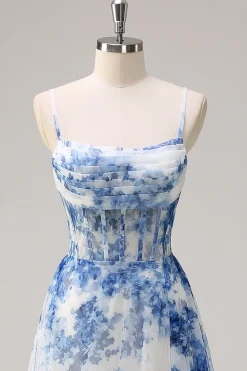 Branco Azul Flores Espartilho De Baile/Princesa Longo Vestido de Baile com Fenda