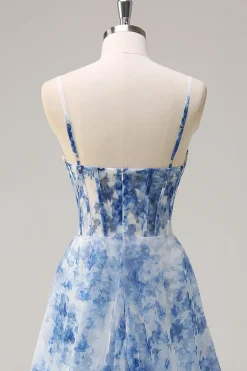 Branco Azul Flores Espartilho De Baile/Princesa Longo Vestido de Baile com Fenda