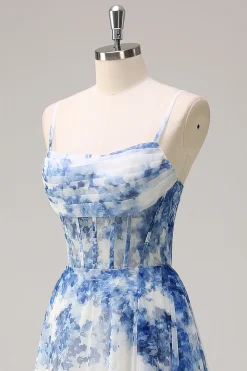 Branco Azul Flores Espartilho De Baile/Princesa Longo Vestido de Baile com Fenda