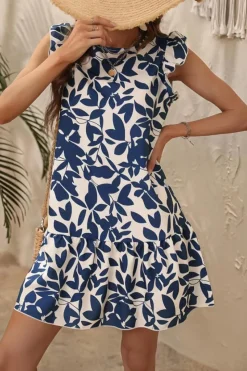 Branco Azul Flores Linha-A Sem Mangas Mini Vestido Verão
