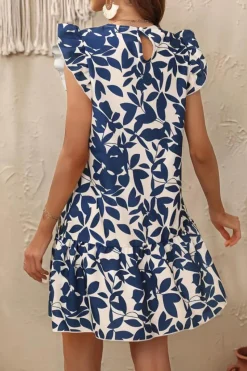 Branco Azul Flores Linha-A Sem Mangas Mini Vestido Verão