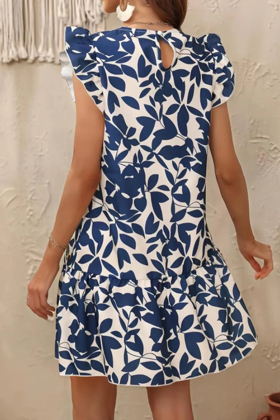 Branco Azul Flores Linha-A Sem Mangas Mini Vestido Verão