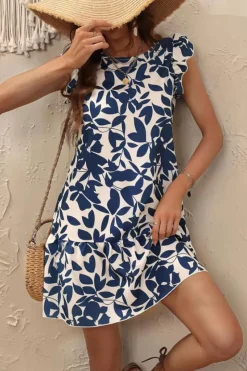 Branco Azul Flores Linha-A Sem Mangas Mini Vestido Verão