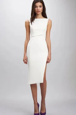 Branco Bainha Cetim Pescoço de Barco Midi Vestidos Cerimónia com Fenda