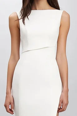 Branco Bainha Cetim Pescoço de Barco Midi Vestidos Cerimónia com Fenda