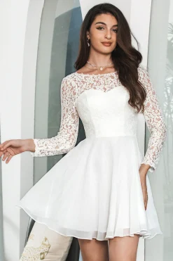 Branco Bateau mangas compridas sem costas vestido curto de formatura