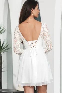 Branco Bateau mangas compridas sem costas vestido curto de formatura