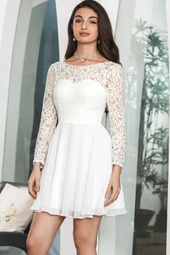 Branco Bateau mangas compridas sem costas vestido curto de formatura