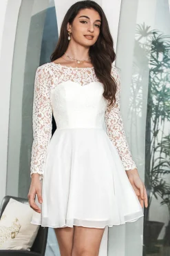 Branco Bateau mangas compridas sem costas vestido curto de formatura