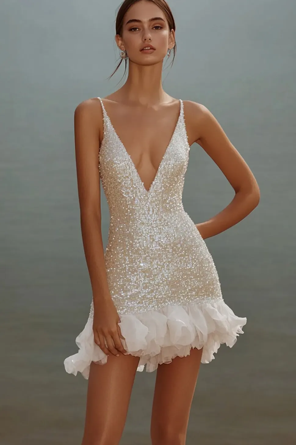 Branco Bodycon Esparguete Alças Lantejoulas Vestido Curto de Formatura