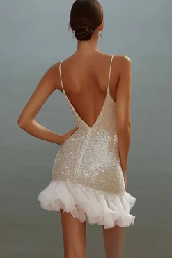 Branco Bodycon Esparguete Alças Lantejoulas Vestido Curto de Formatura