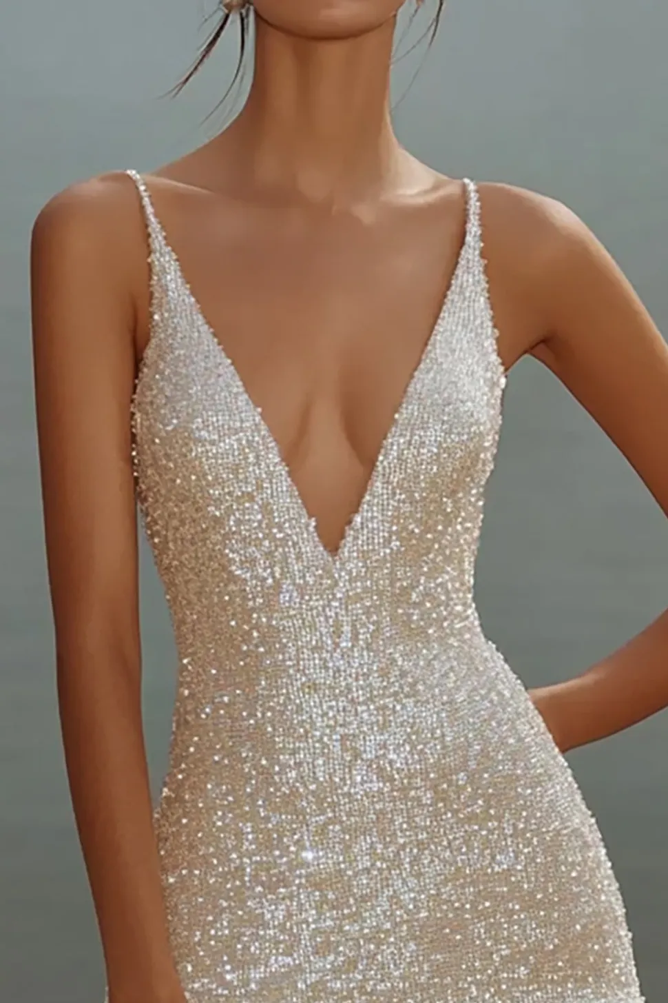 Branco Bodycon Esparguete Alças Lantejoulas Vestido Curto de Formatura