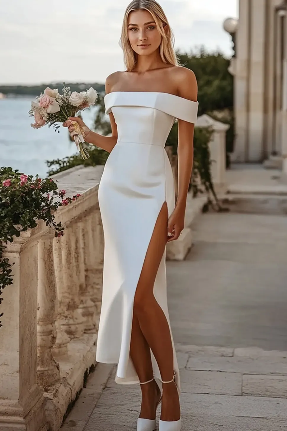 Branco Bodycon Fora do Ombro Cetim Vestido de Noiva