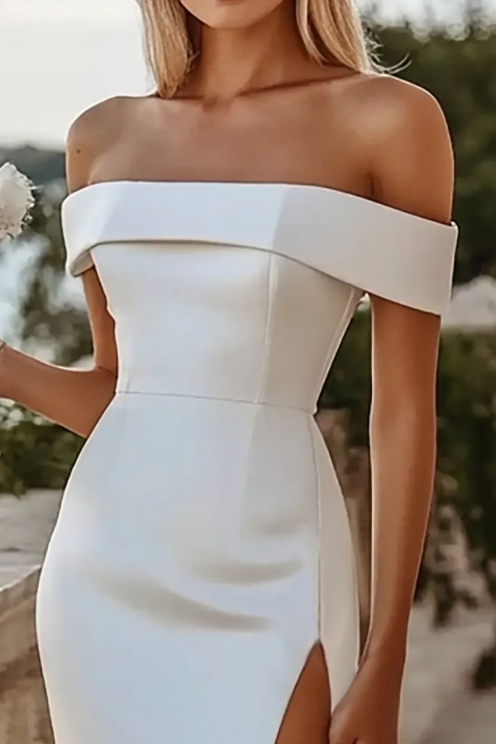 Branco Bodycon Fora do Ombro Cetim Vestido de Noiva