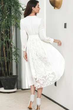 Branco Boho mangas compridas vestido de festa de noivado com renda
