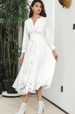 Branco Boho mangas compridas vestido de festa de noivado com renda