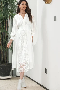 Branco Boho mangas compridas vestido de festa de noivado com renda