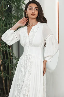Branco Boho mangas compridas vestido de festa de noivado com renda