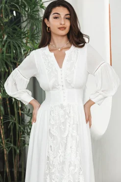 Branco Boho mangas compridas vestido de festa de noivado com renda