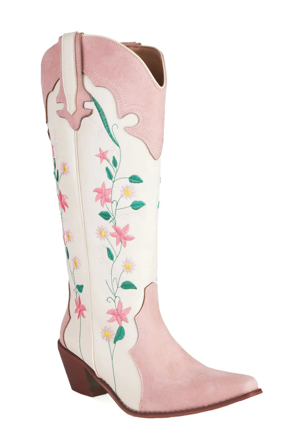 Branco Bordado Joelho Alto Calfo Largo Salto Chunky Cowgirl Botas
