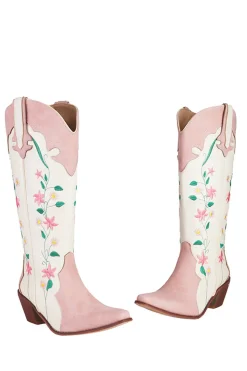 Branco Bordado Joelho Alto Calfo Largo Salto Chunky Cowgirl Botas