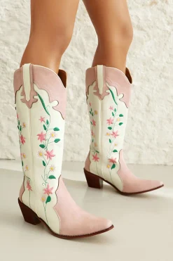 Branco Bordado Joelho Alto Calfo Largo Salto Chunky Cowgirl Botas