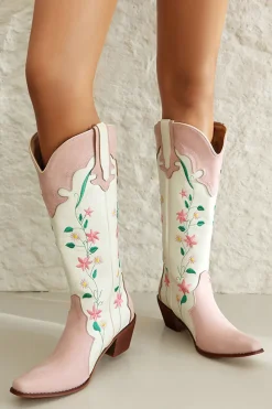 Branco Bordado Joelho Alto Calfo Largo Salto Chunky Cowgirl Botas