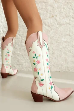 Branco Bordado Joelho Alto Calfo Largo Salto Chunky Cowgirl Botas