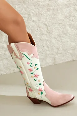 Branco Bordado Joelho Alto Calfo Largo Salto Chunky Cowgirl Botas