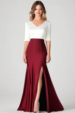 Branco Borgonha V-Neck cetim mãe do vestido de noiva com fenda