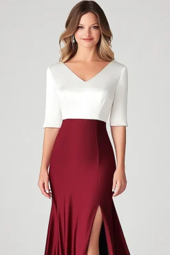 Branco Borgonha V-Neck cetim mãe do vestido de noiva com fenda