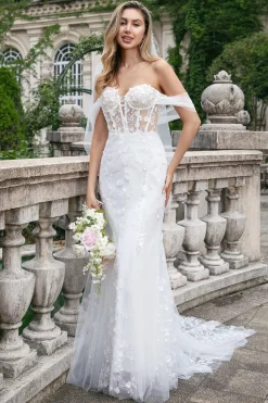 Branco brilhante fora do ombro espartilho sereia vestido de noiva de tule com lantejoulas