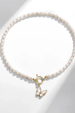 Branco brilhante grande borboleta gargantilha Dainty Pearl Chain Colar