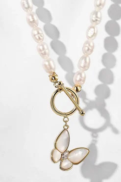Branco brilhante grande borboleta gargantilha Dainty Pearl Chain Colar